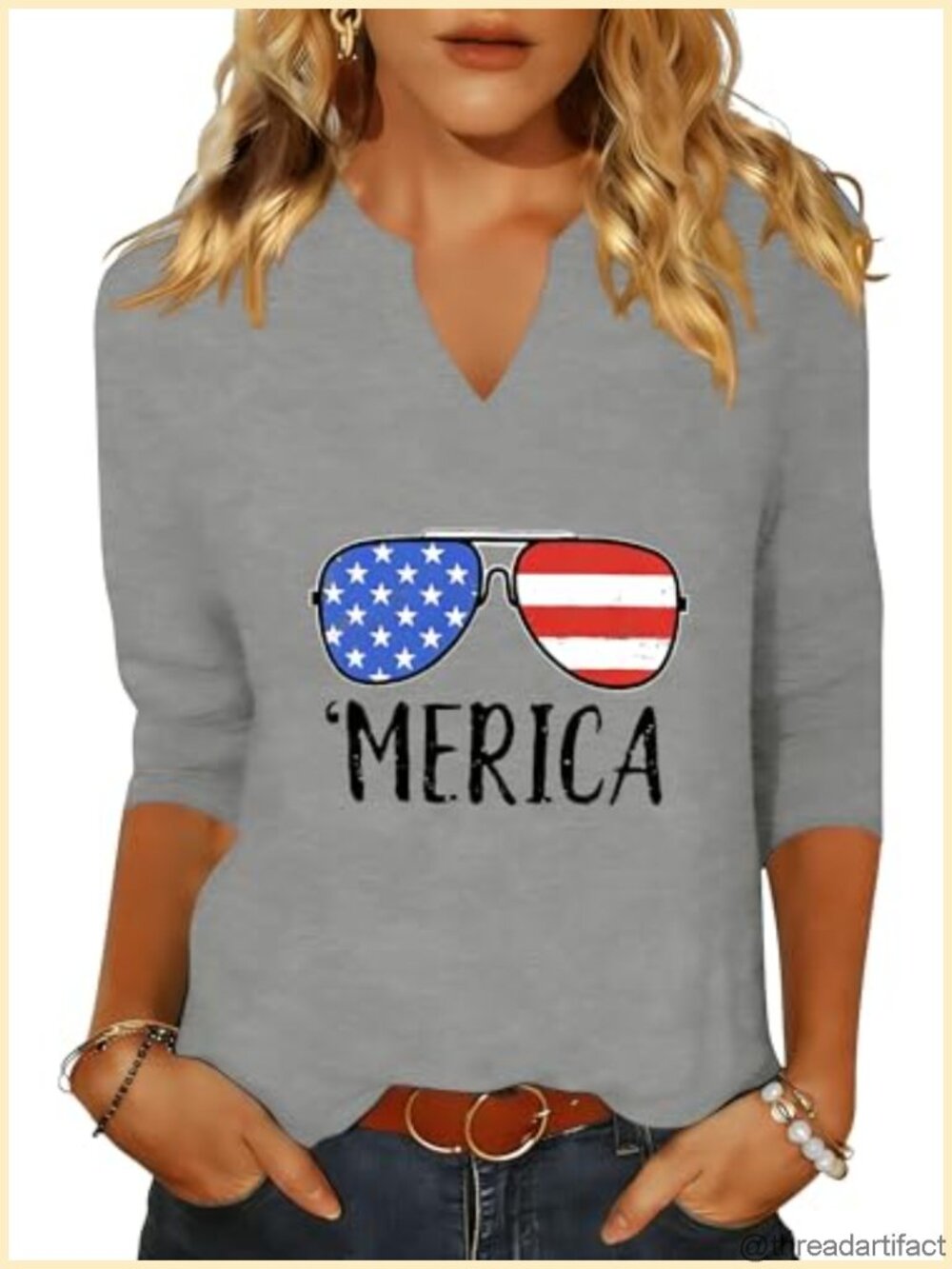 PUCKOLITY 3/4 Sleeve V-Neck USA Flag Graphic Tee Women Patriotic Top